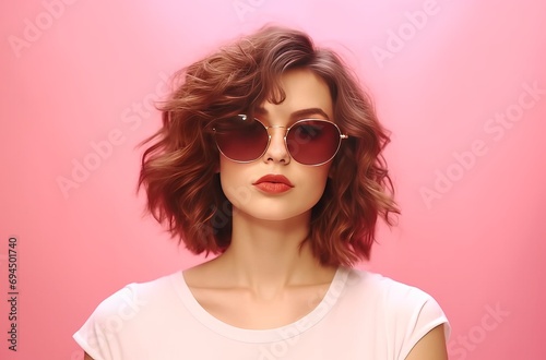 cute young woman wearing sunglasses over pink background woman