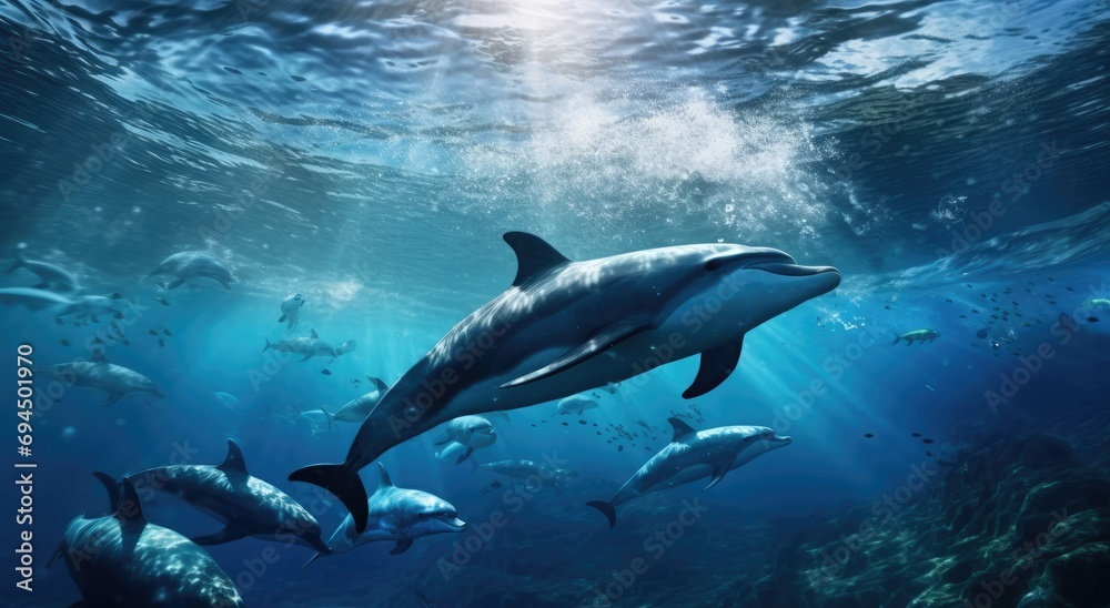 dolphin and dolphins swimming in the ocean with sun out