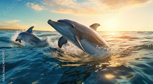 dolphin and dolphins swimming in the ocean with sun out © ArtCookStudio