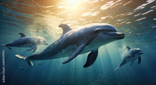 dolphin and dolphins swimming in the ocean with sun out © ArtCookStudio