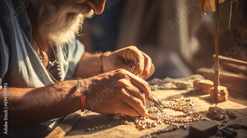 The dexterous hands of an artisan skillfully create a handmade trinket using classic methods. photo