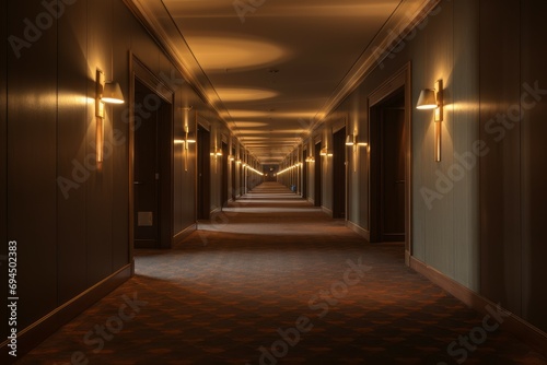 Dimly-lit Interior long hotel corridor. Wall door floor. Generate Ai © juliars