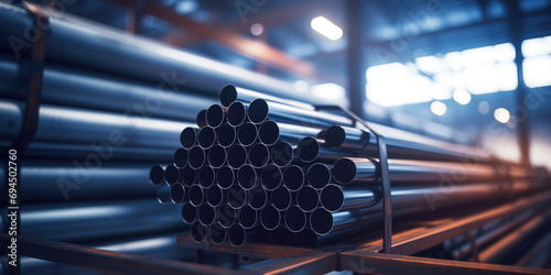 A stack of steel pipes in a warehouse or factory with a blurry background.	
 photo