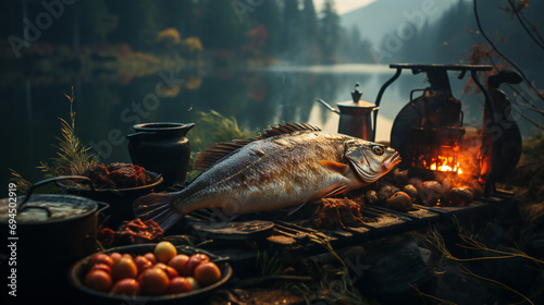 A Baked Carp Fish On A Picnic In The Forest