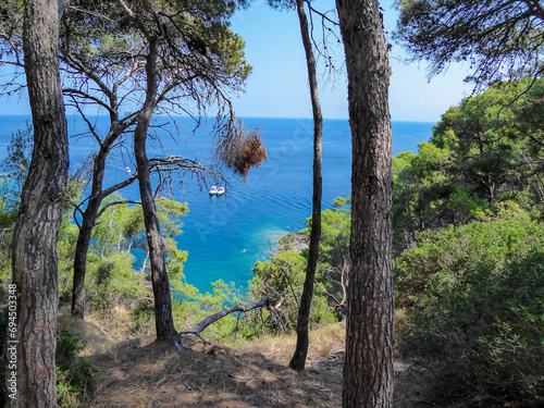 Luxury yachts in turquoise bay lagoon on Tremiti Islands (Isole Tremiti) in Adriatic Sea near the coast of Puglia, Italy, Europe. Gargano National Park in Mediterranean. Paradise destination in summer photo