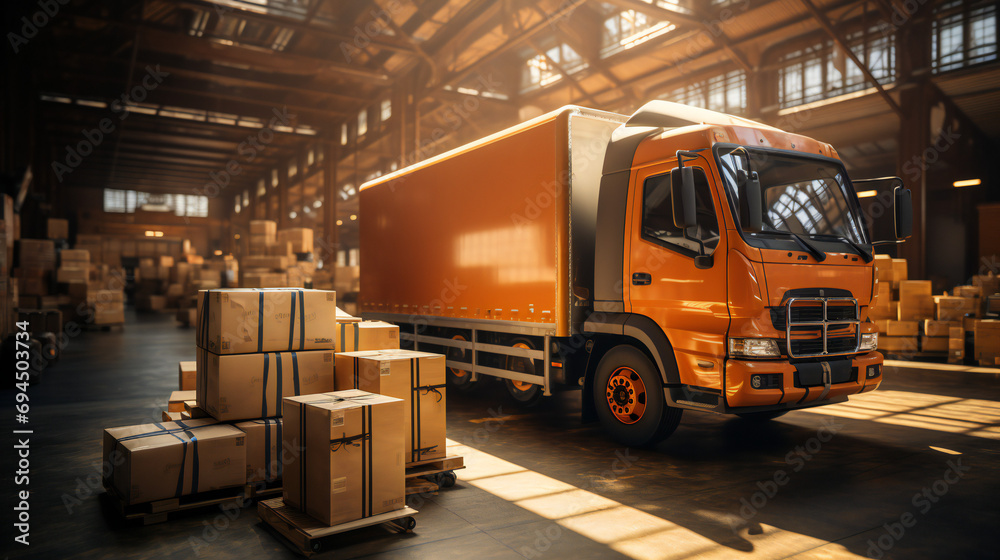 Orange Delivery Truck Is Loaded With Cargo At Warehouse