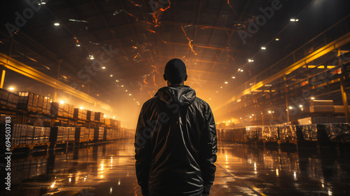 Silhouette of a Man In A Large Warehouse
