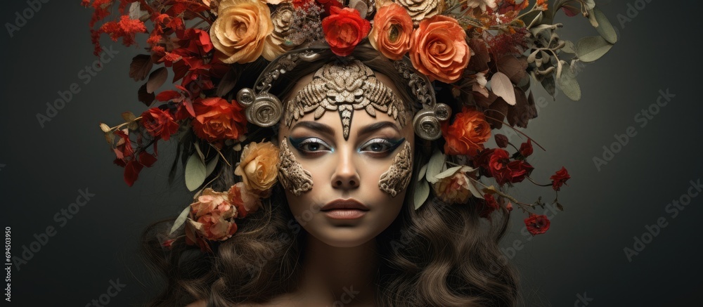 Creative woman with floral and horned headpiece, adorned with artistic face makeup, inspired by shamanic fantasy.