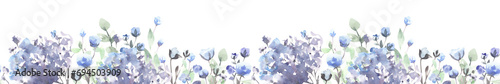 seamless border of blue watercolor flowers on a transparent background