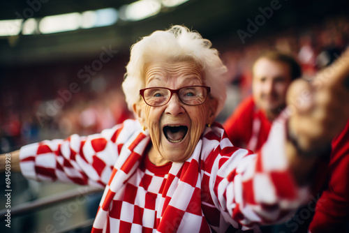 The old lady at the stadium sports event competition cheering. Generative ai image 