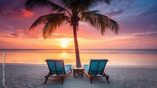 Two sun beds  loungers  umbrella under the palm tree. Beautiful tropical sunset view  white sand  sea view  calmness and relaxation.