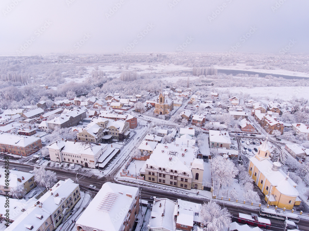Winter view of the old historical part of the city of Lutsk. Lutheran Church.