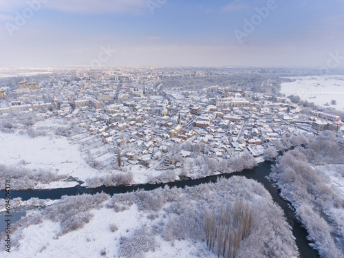A winter view of the historical part of the city of Lutsk and a view of the Styr River.