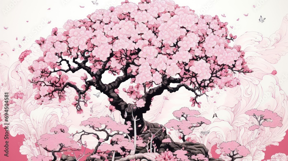  a painting of a tree with pink flowers in the foreground and a butterfly flying over the top of the tree.