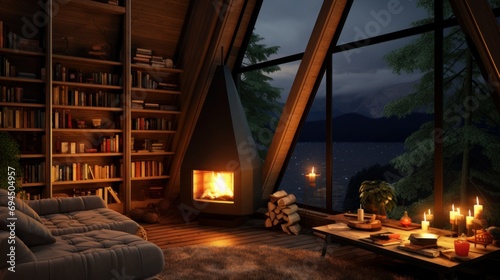 Cabin interior design with fireplace, bookcase and beautiful forest view, night © Zahid