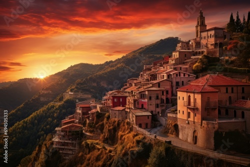 Italian city sunset hills. Historic italian village. Generate Ai