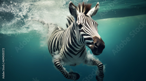 Zebra jump into a water. Underwater photography. Animal dive into the Depths. Beauty of wild nature. Hunting.