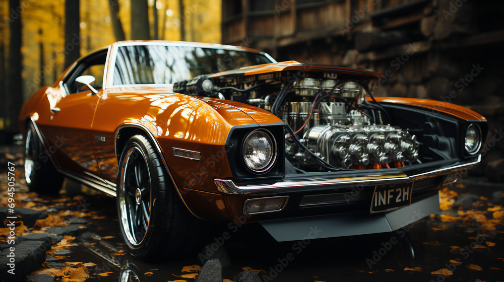 Orange American Muscle Car with Open Hood and Big Engine