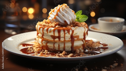  a white plate topped with a cake covered in caramel sauce and whipped cream and topped with a green leaf.