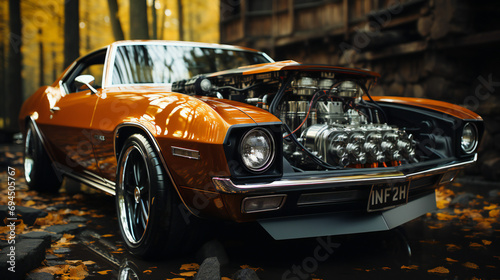 Orange American Muscle Car with Open Hood and Big Engine