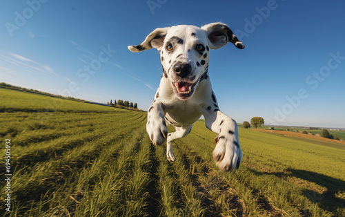 Un chien de race dalmatien courant dans un champ