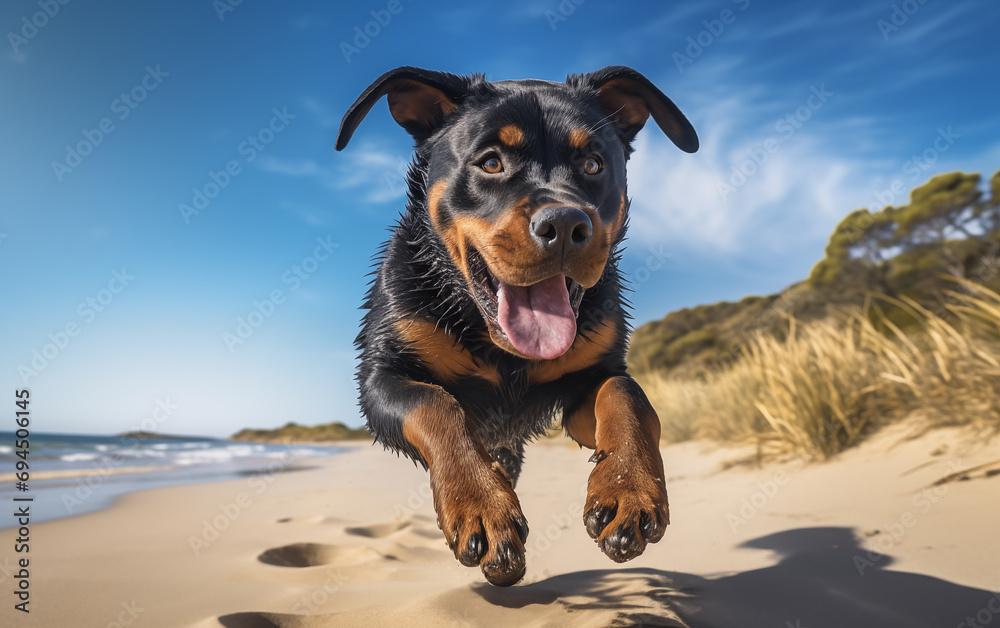 Un chien de race rottweiler courant sur une plage Un chien de race rottweiler courant sur une plage