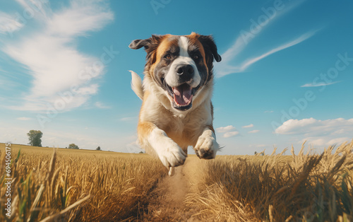 Un chien de race saint-bernard courant dans un champ de blé