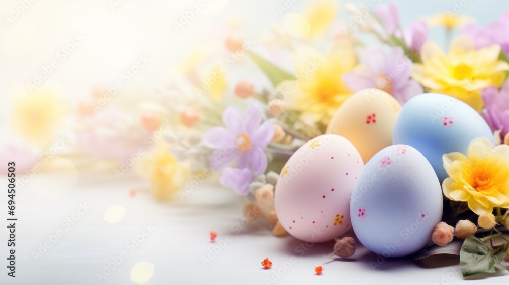 Vibrant background, colorful eggs, festive decorations, and a canvas for joyful messages