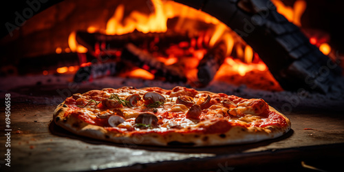 Pizza in the traditional wood oven with fire burning 