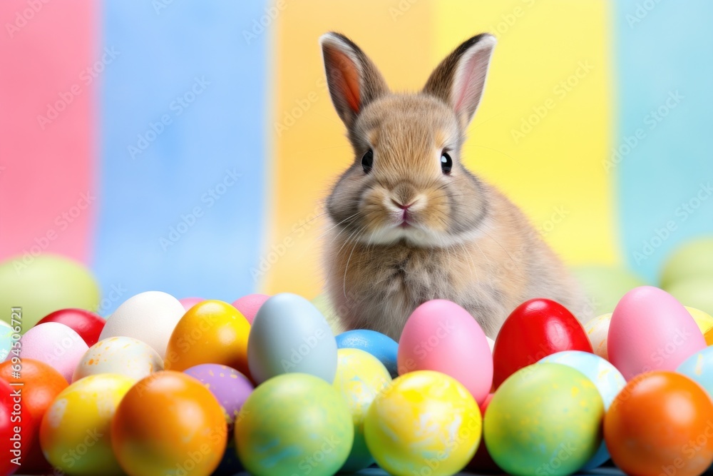 A lively background with a cute bunny, vibrant eggs, and playful festivities