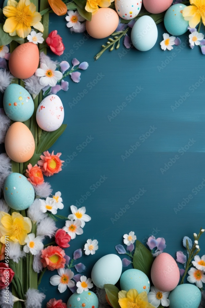 Colorful Easter background adorned with vibrant eggs, blossoms, and spacious copy area