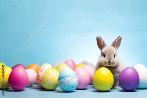 A lively background with a cute bunny  vibrant eggs  and playful festivities