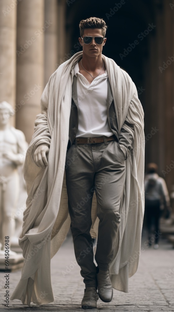 Antiquity meets modernity. Elegant woman on the street with statues Antiquity meets modernity. Elegant woman on the street with statues