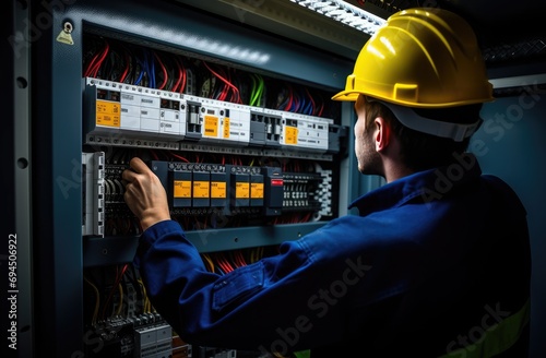 electrical worker holding switch panel in an electrical panel