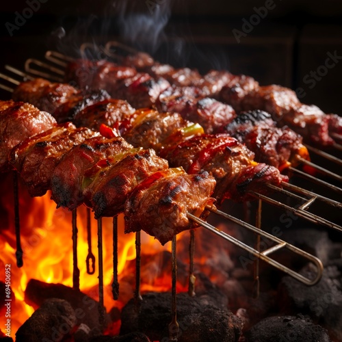 Various raw traditional Turkish skewers Adana Kebab made of meat lined up on charcoal on a skewer barbecue. Made with generative ai