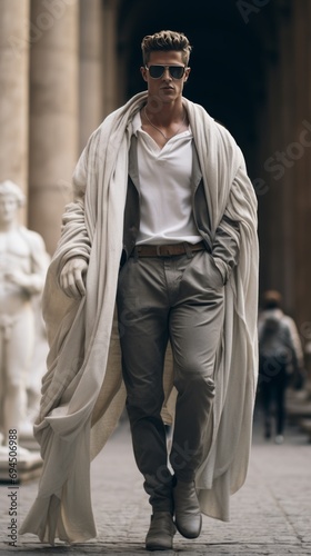 Antiquity meets modernity. Elegant woman on the street with statues