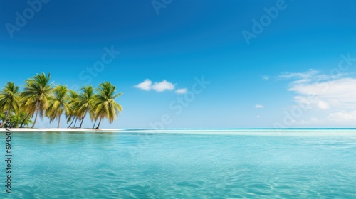 A vivid vacation backdrop, turquoise waters, palm trees, and expansive copy space © ArtCookStudio