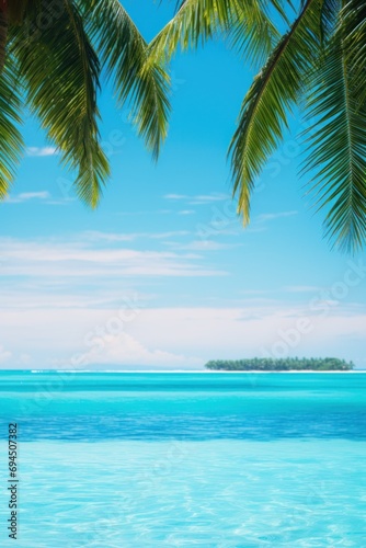 A vivid vacation backdrop  turquoise waters  palm trees  and expansive copy space