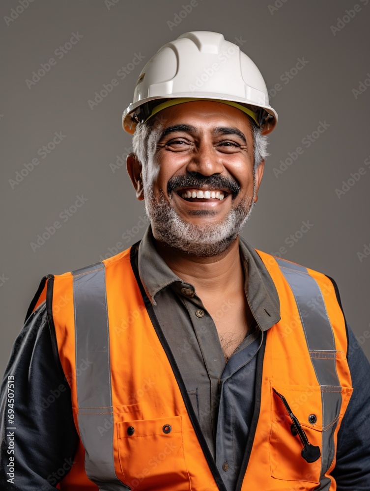 Builder engineer and professional headshot of joyful male in waistcoat and hard hat for protection on blank backdrop. Grin contractor or designer in organizing or reconstruction leader in India.