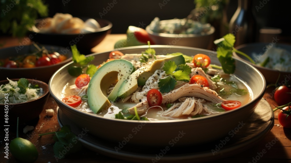  a bowl of chicken, avocado, tomatoes, lettuce, and lettuce on a table.
