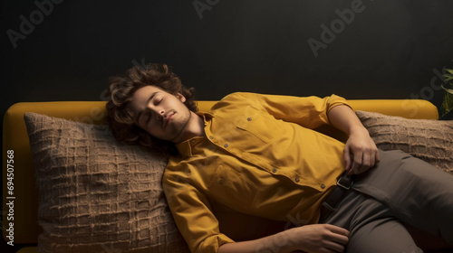 copy space, Young man taking a nap on a pillow on background. National Napping Day. Young man resting while tired. Peaceful scene. © Dirk