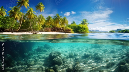 A vivid travel vacation background with lush greenery  crystal-clear waters