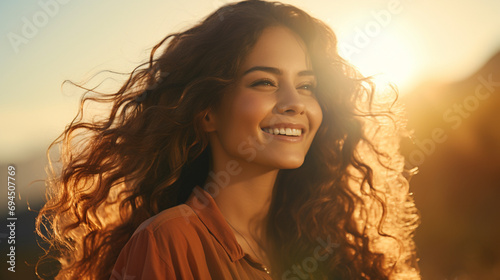 A confident Latina woman, her features illuminated by warm sunlight, radiating a sense of resilience. © Наталья Евтехова