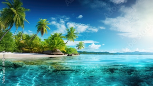 A vivid travel vacation background with lush greenery, crystal-clear waters