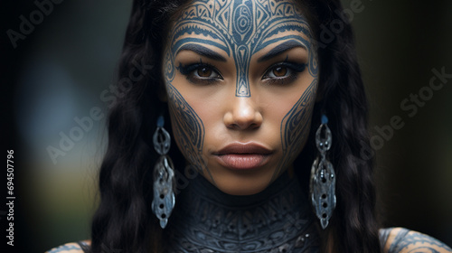 An ethereal Maori woman, showcasing intricate facial tattoos, representing cultural heritage and identity.
