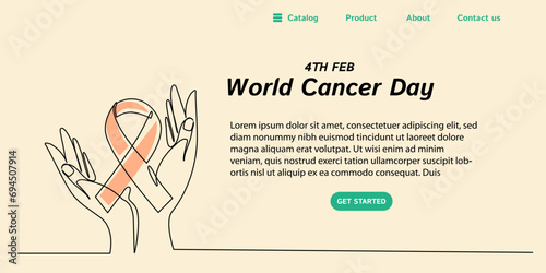 continuous line art or one line drawing of hand and ribbon for vector illustration landing page and banner, world cancer day