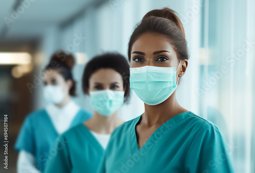 female medical workers with surgical masks in front of a hallway