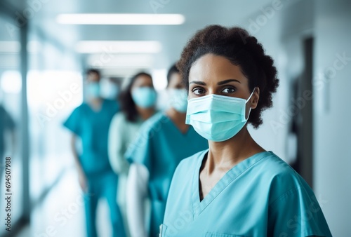 female medical workers with surgical masks in front of a hallway