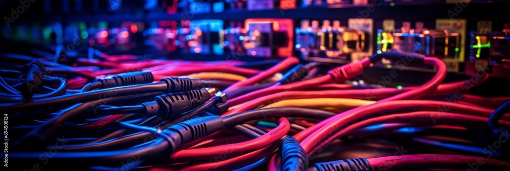 A tangled network of audio cables connected to the equipment A tangled network of audio cables connected to the equipment
