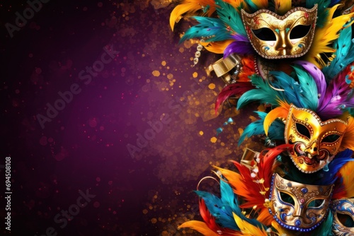 Vivid Mardi Gras background featuring masks, streamers, and lively colors, © ArtCookStudio